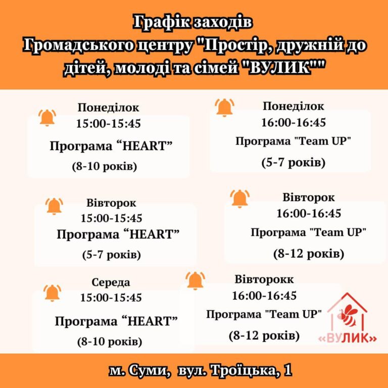 Графік активностей Громадського центру “Простір, дружній до дітей, молоді та сімей “ВУЛИК””