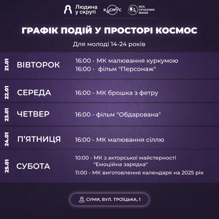 Графік подій на тиждень (21-25 січня) у просторі “Космос”