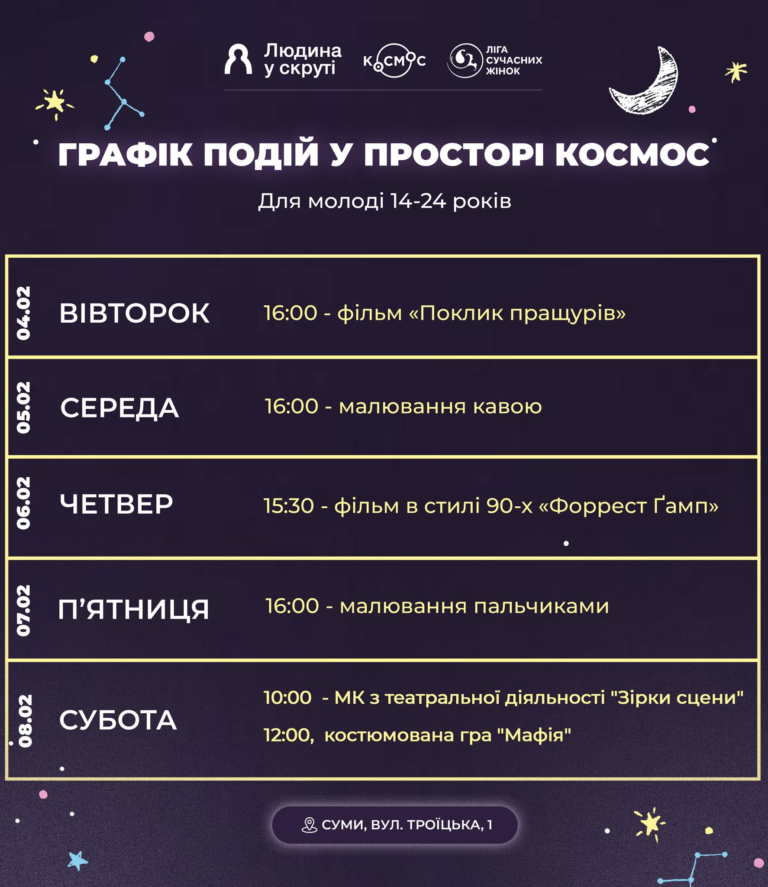 Хочеш спробувати щось нове, розкрити свої таланти та просто круто провести час? Тоді мерщій реєструйся на події у просторі «Космос»!